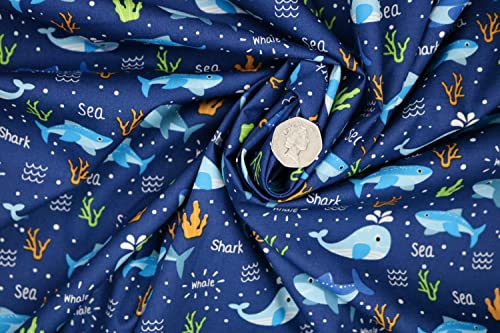 Pyrhan 100% Cotton Fabric by Rose & Hubble | Shark & Whales in Ocean Printed Cotton Fabric by The Metre UK |45 inches (114 cm)| Crafting Fabric & Dressmaking Fabric | Dress Fabric Material (Navy)