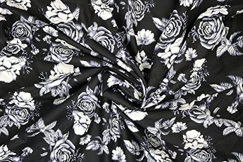 Pyrhan Wide Rose Sketch 100% Pure Cotton Prints – 58 inches Wide Fabric Sold by The metre - Perfect for Sewing Projects and Dress Making (Black)