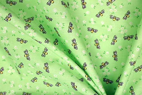 Pyrhan Polycotton Bees with Little Daisy Floral Printed Fabric by The Metre 45 Inch Wide Poly Cotton Fabric - Can be Used in Sewing Mask, Quilting, Dress Fabric, and Accessories (Green)