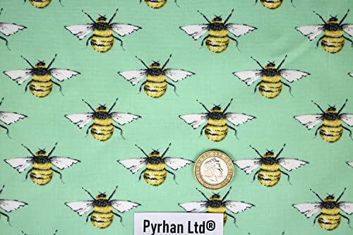 Pyrhan Bumble Honey Bee I Love MCR 100% Pure Cotton Prints – 45 inches (114 cm Approx) Wide Fabric Sold by The metre - Perfect for Sewing Projects and Dress Making. (Green)