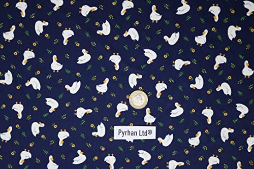 Pyrhan Cute Ducks with Floral 100% Pure Cotton Prints – 45 inches (114 cm Approx) Wide Fabric Sold by The metre - Perfect for Sewing Projects and Dress Making. (Navy)