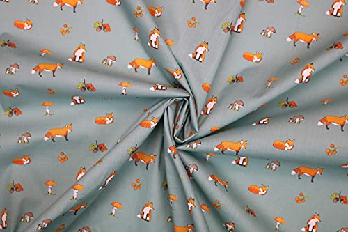 Pyrhan Polycotton Fox Patterned Printed Fabric -45 Inch Wide Polycotton Fabric Per Metre- Similar to 100% Cotton - Quilting Fabric Used in Sewing Kits and Accessories