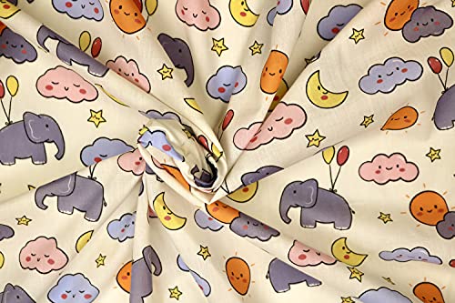 Pyrhan Flying Elephant Dumbo Digital Polycotton Prints –45 Inch Wide Dress Fabric Material by The Metre -Floral Polycotton Print Used in Sewing Kit and Accessories-Quilting Fabric (Ivory)