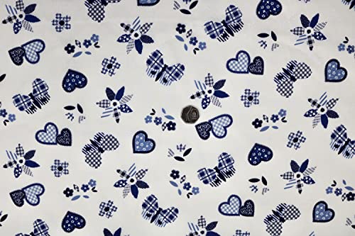 Pyrhan Butterfly Patchwork Hearts Patterned Printed Fabric -45 Inch Wide Polycotton Fabric Per Metre- Similar to 100% Cotton - Quilting Fabric Used in Sewing Kits and Accessories.