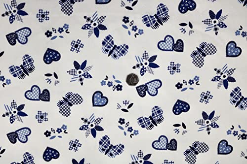 Pyrhan Butterfly Patchwork Hearts Patterned Printed Fabric -45 Inch Wide Polycotton Fabric Per Metre- Similar to 100% Cotton - Quilting Fabric Used in Sewing Kits and Accessories (Ivory-Blue)