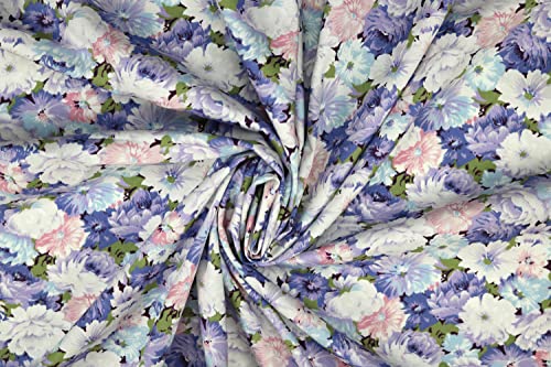 Pyrhan Rose Peony Daisy Floral 100% Pure Cotton Prints – 45 inches (112 cm Approx) Wide Fabric Sold by The metre - Perfect for Sewing Projects and Dress Making. (Blue Brown)