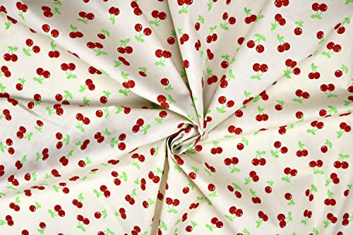 Pyrhan Cherries Polycotton Prints | 45 Inch Wide Dress Craft Fabric Material by The Metre | Floral Polycotton Print Used in Sewing Kit and Accessories-Quilting Fabric