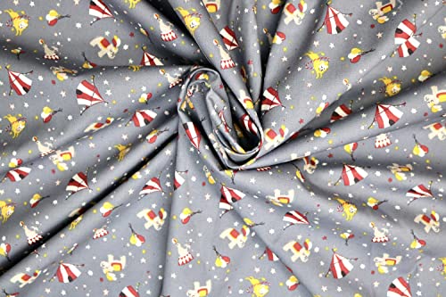 Pyrhan Elephant Lion Circus Balloons Stars 100% Pure Cotton Prints – 45 inches Wide Fabric Sold by The metre - Perfect for Sewing Projects and Dress Making (Grey)