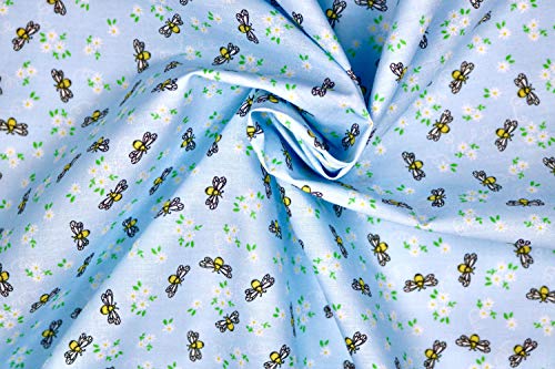 Pyrhan Polycotton Bees with Little Daisy Floral Printed Fabric by The Metre 45 Inch Wide Poly Cotton Fabric - Can be Used in Sewing Mask, Quilting, Dress Fabric, and Accessories(Blue)