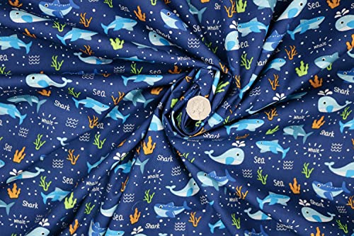 Pyrhan 100% Cotton Fabric by Rose & Hubble | Shark & Whales in Ocean Printed Cotton Fabric by The Metre UK |45 inches (114 cm)| Crafting Fabric & Dressmaking Fabric | Dress Fabric Material (Navy)