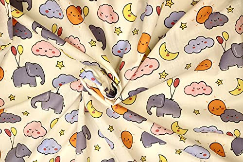 Pyrhan Flying Elephant Dumbo Digital Polycotton Prints –45 Inch Wide Dress Fabric Material by The Metre -Floral Polycotton Print Used in Sewing Kit and Accessories-Quilting Fabric (Ivory)