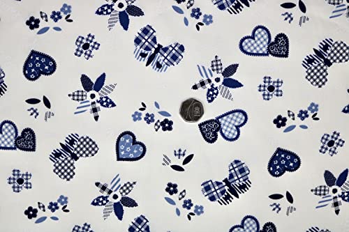 Pyrhan Butterfly Patchwork Hearts Patterned Printed Fabric -45 Inch Wide Polycotton Fabric Per Metre- Similar to 100% Cotton - Quilting Fabric Used in Sewing Kits and Accessories (Ivory-Blue)