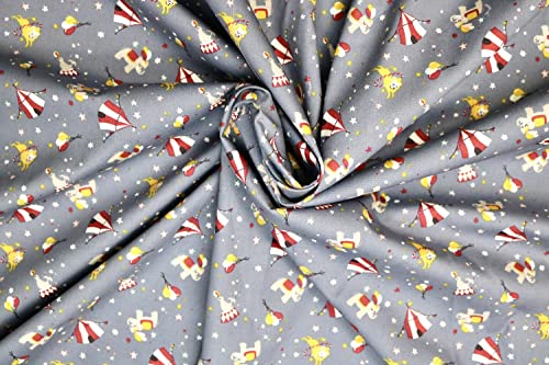 Pyrhan Elephant Lion Circus Balloons Stars 100% Pure Cotton Prints – 45 inches Wide Fabric Sold by The metre - Perfect for Sewing Projects and Dress Making (Grey)