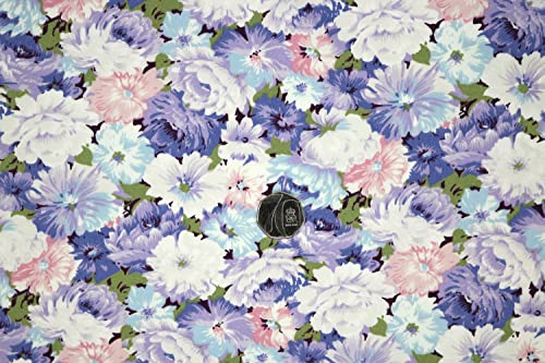 Pyrhan Rose Peony Daisy Floral 100% Pure Cotton Prints – 45 inches (112 cm Approx) Wide Fabric Sold by The metre - Perfect for Sewing Projects and Dress Making. (Blue Brown)