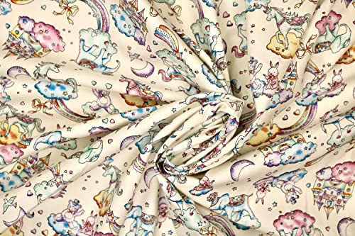 Pyrhan 100% Cotton Poplin by Rose & Hubble | Fairytale Unicorn with Clouds Moon Heats Teddy Bear Printed Cotton Fabric by The Metre UK | 114 Cm | Crafting & Dressmaking Fabric (Ivory)