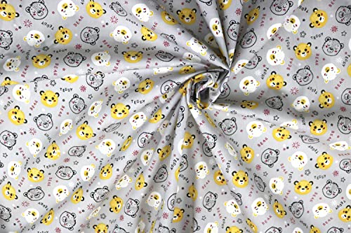 Pyrhan Teddy Bear with Stars Polycotton Prints | 45 Inch Wide Dress Craft Fabric Material by The Metre | Floral Polycotton Print Used in Sewing Kit and Accessories-Quilting Fabric (Grey)
