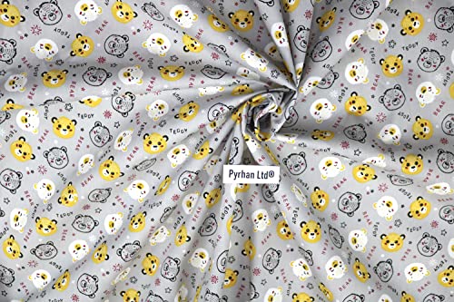 Pyrhan Teddy Bear with Stars Polycotton Prints | 45 Inch Wide Dress Craft Fabric Material by The Metre | Floral Polycotton Print Used in Sewing Kit and Accessories-Quilting Fabric (Grey)