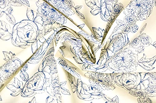 Pyrhan Floral Roses Pencil Sketch Polycotton Prints –Polycotton Fabric Similar to 100% Cotton Prints- Material by The Metre -Floral Polycotton Print Used in Sewing Kit and Accessories-Quilting Fabric