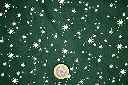 Pyrhan Sparkling Stars Christmas Polycotton Prints | 45 Inch Wide Dress Craft Fabric Material by The Metre | Polycotton Print Used in Sewing Kit and Accessories-Quilting Fabric (Green)