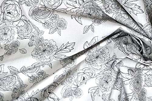 Pyrhan Floral Roses Pencil Sketch Polycotton Prints –Polycotton Fabric Similar to 100% Cotton Prints- Material by The Metre -Floral Polycotton Print Used in Sewing Kit and Accessories-Quilting Fabric