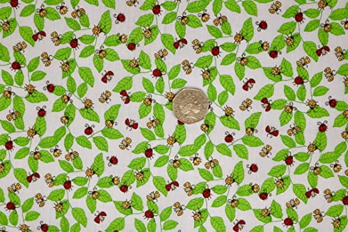 Pyrhan Lady Bug on Leave Polycotton Prints | 45 Inch Wide Dress Craft Fabric Material by The Metre | Polycotton Print Used in Sewing Kit and Accessories-Quilting Fabric (Blue)