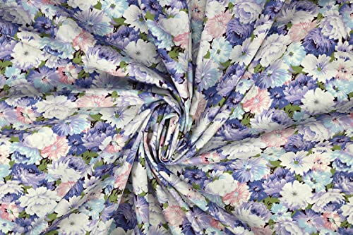 Pyrhan Rose Peony Daisy Floral 100% Pure Cotton Prints – 45 inches (112 cm Approx) Wide Fabric Sold by The metre - Perfect for Sewing Projects and Dress Making. (Blue Brown)