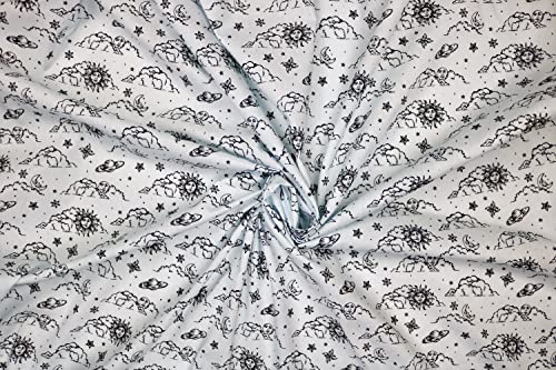 Pyrhan Libby Art & Craft Polycotton Astronomical & Mystical Moon Face Sun Face Clouds Stars Prints –45 Inch Wide Dress Fabric Material by The Metre -Floral Polycotton Print Used in Sewing Kit (Sky)