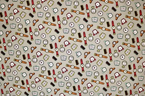 Pyrhan Libby Art & Craft Watch Gallery Wrist Watch Alarm Clock Poplin Polycotton Prints –45 Inch Wide Dress Fabric Material by The Metre -Floral Polycotton Print Used in Sewing Kit (Grey)