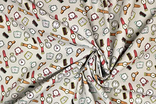 Pyrhan Libby Art & Craft Watch Gallery Wrist Watch Alarm Clock Poplin Polycotton Prints –45 Inch Wide Dress Fabric Material by The Metre -Floral Polycotton Print Used in Sewing Kit (Grey)
