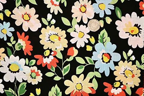 Pyrhan Multicoloured Daisy Floral 100% Pure Cotton Prints – 58 inches (148 cm Approx) Wide Fabric Sold by The metre - Perfect for Sewing Projects and Dress Making. (Black)
