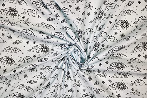 Pyrhan Libby Art & Craft Polycotton Astronomical & Mystical Moon Face Sun Face Clouds Stars Prints –45 Inch Wide Dress Fabric Material by The Metre -Floral Polycotton Print Used in Sewing Kit (Sky)