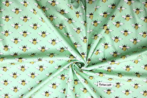 Pyrhan Bumble Honey Bee I Love MCR 100% Pure Cotton Prints – 45 inches (114 cm Approx) Wide Fabric Sold by The metre - Perfect for Sewing Projects and Dress Making. (Green)