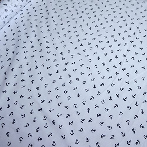 White Polycotton Fabric with Navy Blue Anchor Nautical Print (Per Metre)