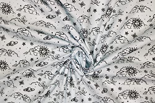 Pyrhan Libby Art & Craft Polycotton Astronomical & Mystical Moon Face Sun Face Clouds Stars Prints –45 Inch Wide Dress Fabric Material by The Metre -Floral Polycotton Print Used in Sewing Kit (Sky)