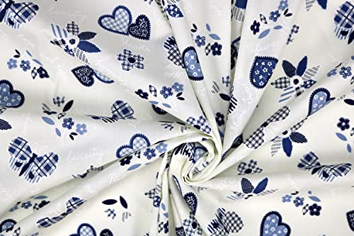 Pyrhan Butterfly Patchwork Hearts Patterned Printed Fabric -45 Inch Wide Polycotton Fabric Per Metre- Similar to 100% Cotton - Quilting Fabric Used in Sewing Kits and Accessories.