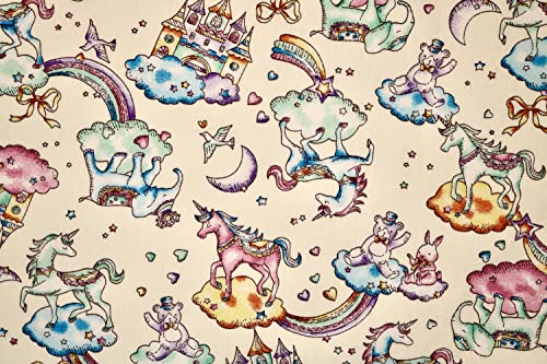 Pyrhan 100% Cotton Poplin by Rose & Hubble | Fairytale Unicorn with Clouds Moon Heats Teddy Bear Printed Cotton Fabric by The Metre UK | 114 Cm | Crafting & Dressmaking Fabric (Ivory)