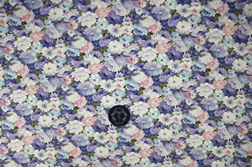 Pyrhan Rose Peony Daisy Floral 100% Pure Cotton Prints – 45 inches (112 cm Approx) Wide Fabric Sold by The metre - Perfect for Sewing Projects and Dress Making. (Blue Brown)