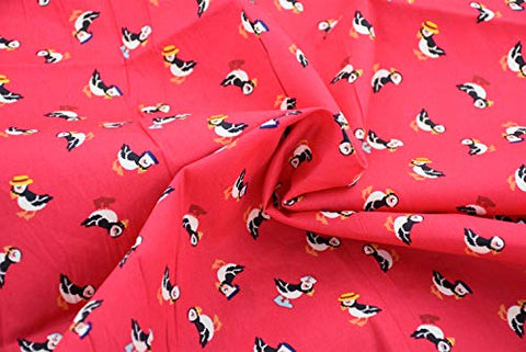 Pyrhan Dress Fabric Peach with Black and White Puffin Bird Print (Bright Pink)
