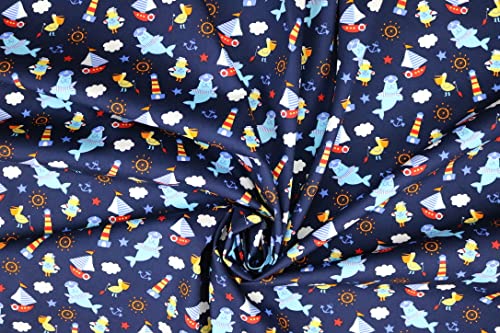 Pyrhan Sailer Seal Anchor Ocean Light Tower 100% Pure Cotton Prints – 45 inches (114 cm Approx) Wide Fabric Sold by The metre - Perfect for Sewing Projects and Dress Making (Navy)