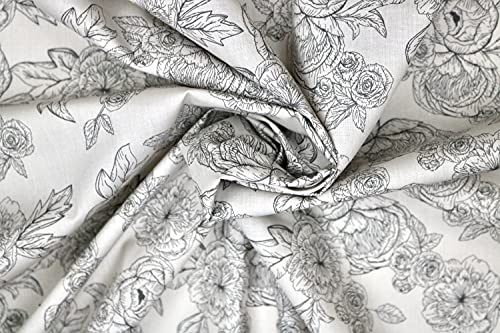 Pyrhan Floral Roses Pencil Sketch Polycotton Prints –Polycotton Fabric Similar to 100% Cotton Prints- Material by The Metre -Floral Polycotton Print Used in Sewing Kit and Accessories-Quilting Fabric