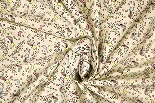 Pyrhan 100% Cotton Fabric by Rose & Hubble | Baby Star Falling Printed Cotton Fabric by The Metre UK | 45 inches (114 cm) | Crafting Fabric & Dressmaking Fabric | Dress Fabric Material (Cream)