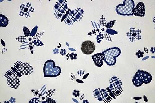 Pyrhan Butterfly Patchwork Hearts Patterned Printed Fabric -45 Inch Wide Polycotton Fabric Per Metre- Similar to 100% Cotton - Quilting Fabric Used in Sewing Kits and Accessories (Ivory-Blue)