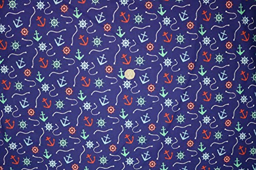 Pyrhan Nautical Anchor Navy Sailor Polycotton Prints | 45 Inch Wide Dress Craft Fabric Material by The Metre | Floral Polycotton Print Used in Sewing Kit and Accessories-Quilting Fabric (Navy)