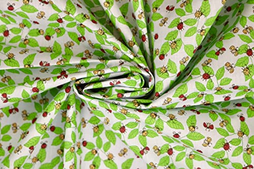 Pyrhan Lady Bug on Leave Polycotton Prints | 45 Inch Wide Dress Craft Fabric Material by The Metre | Polycotton Print Used in Sewing Kit and Accessories-Quilting Fabric (Blue)