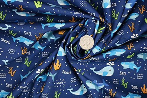 Pyrhan 100% Cotton Fabric by Rose & Hubble | Shark & Whales in Ocean Printed Cotton Fabric by The Metre UK |45 inches (114 cm)| Crafting Fabric & Dressmaking Fabric | Dress Fabric Material (Navy)