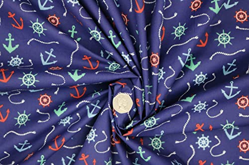 Pyrhan Nautical Anchor Navy Sailor Polycotton Prints | 45 Inch Wide Dress Craft Fabric Material by The Metre | Floral Polycotton Print Used in Sewing Kit and Accessories-Quilting Fabric (Navy)