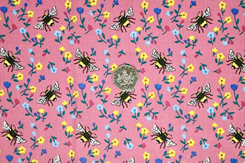 Pyrhan Bumble Bee I Love MCR Honey Bee Polycotton Prints | 45 Inch Wide Dress Craft Fabric Material by The Metre | Floral Polycotton Print Used in Sewing Kit and Accessories-Quilting Fabric (Pink)