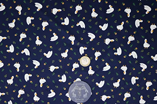 Pyrhan Cute Ducks with Floral 100% Pure Cotton Prints – 45 inches (114 cm Approx) Wide Fabric Sold by The metre - Perfect for Sewing Projects and Dress Making. (Navy)