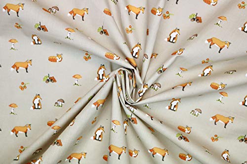 Pyrhan Polycotton Fox Patterned Printed Fabric -45 Inch Wide Polycotton Fabric Per Metre- Similar to 100% Cotton - Quilting Fabric Used in Sewing Kits and Accessories