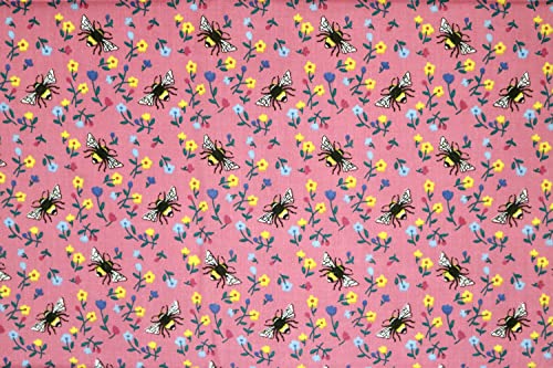 Pyrhan Bumble Bee I Love MCR Honey Bee Polycotton Prints | 45 Inch Wide Dress Craft Fabric Material by The Metre | Floral Polycotton Print Used in Sewing Kit and Accessories-Quilting Fabric (Pink)